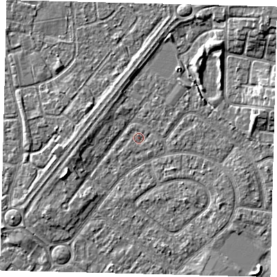 Shaded relief map of the ground around HU94BE, computed from Environment Agency LiDAR. The ground here sits at about 2 m above sea level and falls 5 m across the surrounding 800 m. Surface water reaching this point runs off ground lying to the west-north-west, 0.6 m higher.