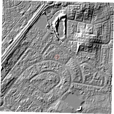 Shaded relief map of the ground around HU94BG, computed from Environment Agency LiDAR. The ground here sits at about 2 m above sea level and falls 5 m across the surrounding 800 m. The ground contributing surface water to this point lies to the west.