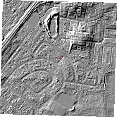 Shaded relief map of the ground around HU94BH, computed from Environment Agency LiDAR. The ground here sits at about 2 m above sea level and falls 5 m across the surrounding 800 m. Surface water reaching this point runs off ground lying to the north-east, 3.3 m higher.