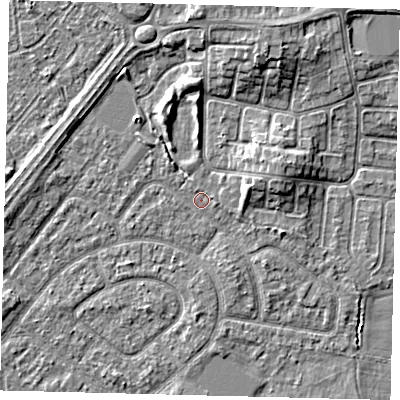 Shaded relief map of the ground around HU94BJ, computed from Environment Agency LiDAR. The ground here sits at about 2 m above sea level and falls 5 m across the surrounding 800 m. Surface water reaching this point runs off ground lying to the east-north-east, 3.3 m higher.