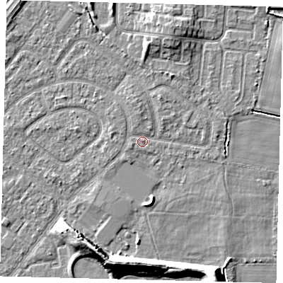 Shaded relief map of the ground around HU94BP, computed from Environment Agency LiDAR. The ground here sits at about 2 m above sea level and falls 10 m across the surrounding 800 m. Surface water reaching this point runs off ground lying to the south-south-east, 9.1 m higher.