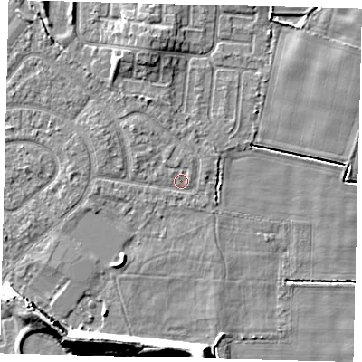 Shaded relief map of the ground around HU94BS, computed from Environment Agency LiDAR. The ground here sits at about 2 m above sea level and falls 10 m across the surrounding 800 m. Surface water reaching this point runs off ground lying to the south, 8.9 m higher.