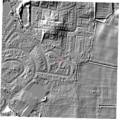 Shaded relief map of the ground around HU94BT, computed from Environment Agency LiDAR. The ground here sits at about 3 m above sea level and falls 8 m across the surrounding 800 m. Surface water reaching this point runs off ground lying to the north, 0.8 m higher.