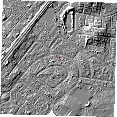 Shaded relief map of the ground around HU94BU, computed from Environment Agency LiDAR. The ground here sits at about 2 m above sea level and falls 5 m across the surrounding 800 m. Surface water reaching this point runs off ground lying to the east-north-east, 3.3 m higher.