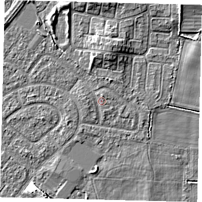 Shaded relief map of the ground around HU94BW, computed from Environment Agency LiDAR. The ground here sits at about 3 m above sea level and falls 8 m across the surrounding 800 m. Surface water reaching this point runs off ground lying to the west, 0.9 m higher.