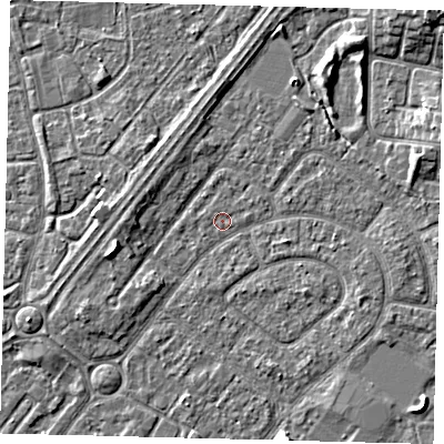 Shaded relief map of the ground around HU94BX, computed from Environment Agency LiDAR. The ground here sits at about 2 m above sea level and falls 5 m across the surrounding 800 m. Surface water reaching this point runs off ground lying to the north-east, 4.9 m higher.