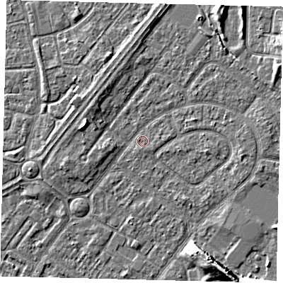 Shaded relief map of the ground around HU94BY, computed from Environment Agency LiDAR. The ground here sits at about 2 m above sea level and falls 9 m across the surrounding 800 m. Surface water reaching this point runs off ground lying to the west-north-west, 4.3 m higher.