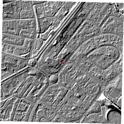 Shaded relief map of the ground around HU94BZ, computed from Environment Agency LiDAR. The ground here sits at about 2 m above sea level and falls 9 m across the surrounding 800 m. Surface water reaching this point runs off ground lying to the west-north-west, 1.2 m higher.