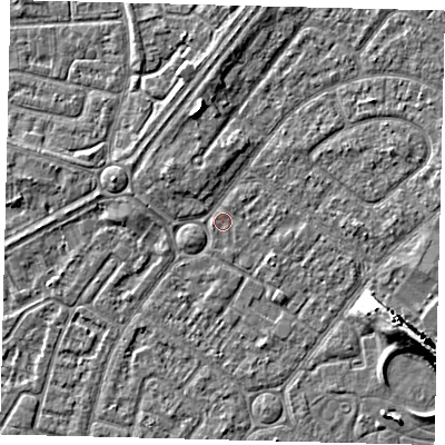 Shaded relief map of the ground around HU94DA, computed from Environment Agency LiDAR. The ground here sits at about 2 m above sea level and falls 9 m across the surrounding 800 m. Surface water reaching this point runs off ground lying to the north-west, 1.8 m higher.