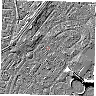 Shaded relief map of the ground around HU94DB, computed from Environment Agency LiDAR. The ground here sits at about 2 m above sea level and falls 10 m across the surrounding 800 m. Surface water reaching this point runs off ground lying to the north-west, 3.6 m higher.
