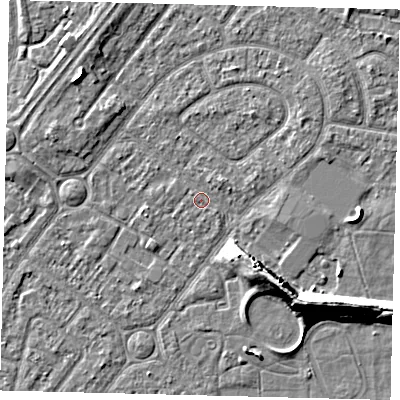 Shaded relief map of the ground around HU94DD, computed from Environment Agency LiDAR. The ground here sits at about 2 m above sea level and falls 9 m across the surrounding 800 m. Surface water reaching this point runs off ground lying to the west-north-west, 1.3 m higher.