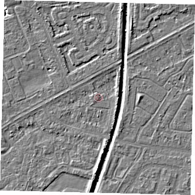Shaded relief map of the ground around HU94DE, computed from Environment Agency LiDAR. The ground here sits at about 2 m above sea level and falls 5 m across the surrounding 800 m. Surface water reaching this point runs off ground lying to the south, 2.9 m higher.