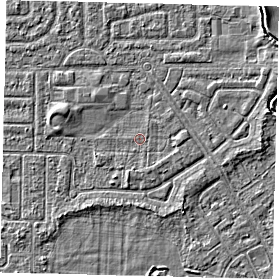 Shaded relief map of the ground around HU94DF, computed from Environment Agency LiDAR. The ground here sits at about 2 m above sea level and falls 3 m across the surrounding 800 m. Surface water reaching this point runs off ground lying to the east, 1.1 m higher.