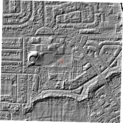 Shaded relief map of the ground around HU94DG, computed from Environment Agency LiDAR. The ground here sits at about 2 m above sea level and falls 3 m across the surrounding 800 m. Surface water reaching this point runs off ground lying to the east-south-east, 1.3 m higher.