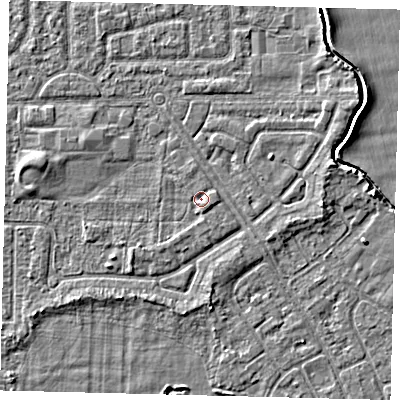 Shaded relief map of the ground around HU94DH, computed from Environment Agency LiDAR. The ground here sits at about 2 m above sea level and falls 3 m across the surrounding 800 m. Surface water reaching this point runs off ground lying to the south-east, 1.1 m higher.