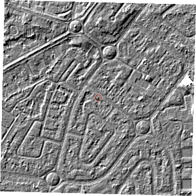 Shaded relief map of the ground around HU94DL, computed from Environment Agency LiDAR. The ground here sits at about 2 m above sea level and falls 5 m across the surrounding 800 m. Surface water reaching this point runs off ground lying to the north, 2.0 m higher.