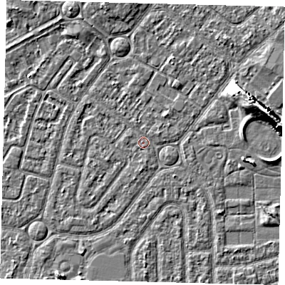 Shaded relief map of the ground around HU94DN, computed from Environment Agency LiDAR. The ground here sits at about 2 m above sea level and falls 9 m across the surrounding 800 m. Surface water reaching this point runs off ground lying to the north-north-west, 2.0 m higher.