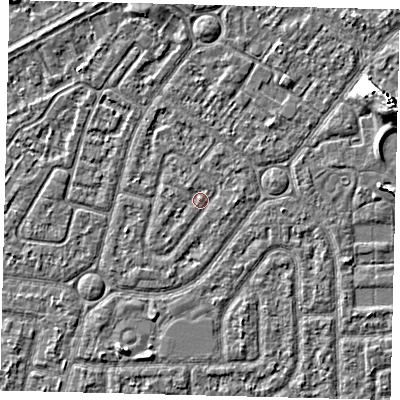 Shaded relief map of the ground around HU94DP, computed from Environment Agency LiDAR. The ground here sits at about 2 m above sea level and falls 7 m across the surrounding 800 m. Surface water reaching this point runs off ground lying to the east, 0.9 m higher.