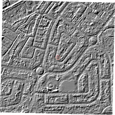 Shaded relief map of the ground around HU94DR, computed from Environment Agency LiDAR. The ground here sits at about 2 m above sea level and falls 2 m across the surrounding 800 m. Surface water reaching this point runs off ground lying to the east-north-east, 0.9 m higher.