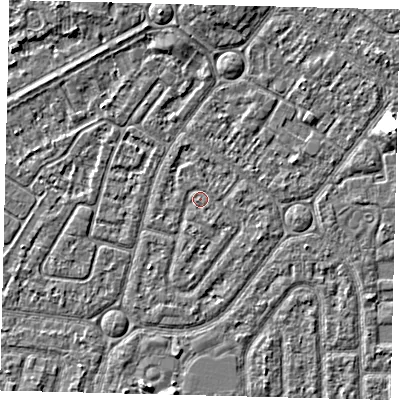 Shaded relief map of the ground around HU94DS, computed from Environment Agency LiDAR. The ground here sits at about 2 m above sea level and falls 5 m across the surrounding 800 m. Surface water reaching this point runs off ground lying to the south-south-east, 0.8 m higher.