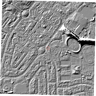 Shaded relief map of the ground around HU94DU, computed from Environment Agency LiDAR. The ground here sits at about 2 m above sea level and falls 9 m across the surrounding 800 m. Surface water reaching this point runs off ground lying to the east-north-east, 9.1 m higher.