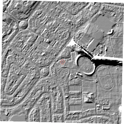 Shaded relief map of the ground around HU94DX, computed from Environment Agency LiDAR. The ground here sits at about 2 m above sea level and falls 9 m across the surrounding 800 m. Surface water reaching this point runs off ground lying to the east, 9.0 m higher.
