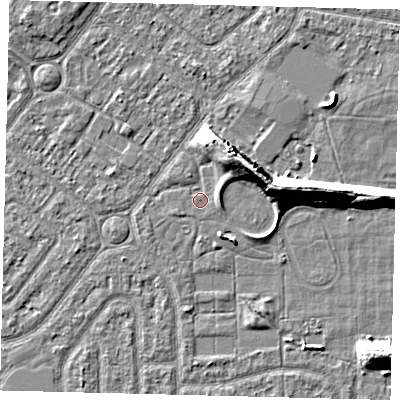 Shaded relief map of the ground around HU94DY, computed from Environment Agency LiDAR. The ground here sits at about 2 m above sea level and falls 9 m across the surrounding 800 m. Surface water reaching this point runs off ground lying to the east-north-east, 1.2 m higher.