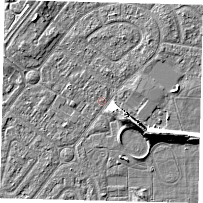 Shaded relief map of the ground around HU94EB, computed from Environment Agency LiDAR. The ground here sits at about 2 m above sea level and falls 9 m across the surrounding 800 m. Surface water reaching this point runs off ground lying to the east-south-east, 9.0 m higher.