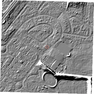 Shaded relief map of the ground around HU94ED, computed from Environment Agency LiDAR. The ground here sits at about 2 m above sea level and falls 10 m across the surrounding 800 m. Surface water reaching this point runs off ground lying to the south-south-east, 1.1 m higher.