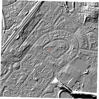 Shaded relief map of the ground around HU94EG, computed from Environment Agency LiDAR. The ground here sits at about 2 m above sea level and falls 10 m across the surrounding 800 m. Surface water reaching this point runs off ground lying to the north-north-east, 0.8 m higher.