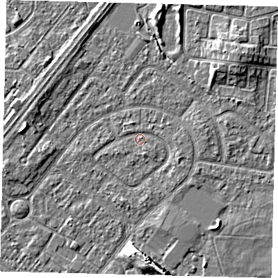 Shaded relief map of the ground around HU94EH, computed from Environment Agency LiDAR. The ground here sits at about 2 m above sea level and falls 9 m across the surrounding 800 m. Surface water reaching this point runs off ground lying to the east-south-east, 1.1 m higher.