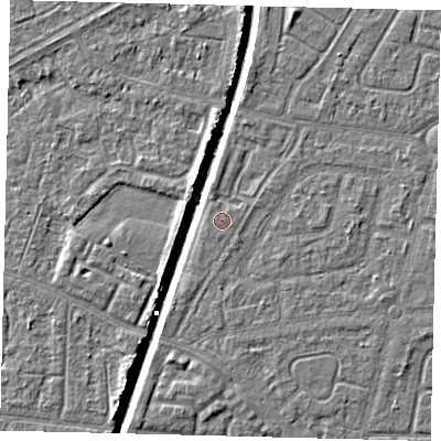 Shaded relief map of the ground around HU94EP, computed from Environment Agency LiDAR. The ground here sits at about 2 m above sea level and falls 6 m across the surrounding 800 m. The ground contributing surface water to this point lies to the south-west.