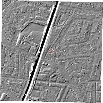 Shaded relief map of the ground around HU94ER, computed from Environment Agency LiDAR. The ground here sits at about 2 m above sea level and falls 6 m across the surrounding 800 m. The ground contributing surface water to this point lies to the east-north-east.