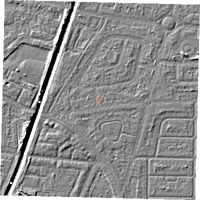 Shaded relief map of the ground around HU94ET, computed from Environment Agency LiDAR. The ground here sits at about 2 m above sea level and falls 6 m across the surrounding 800 m. Surface water reaching this point runs off ground lying to the west, 0.5 m higher.