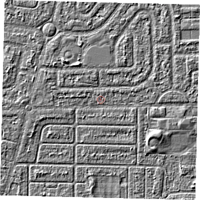 Shaded relief map of the ground around HU94EZ, computed from Environment Agency LiDAR. The ground here sits at about 2 m above sea level and falls 2 m across the surrounding 800 m. Surface water reaching this point runs off ground lying to the east-south-east, 1.8 m higher.