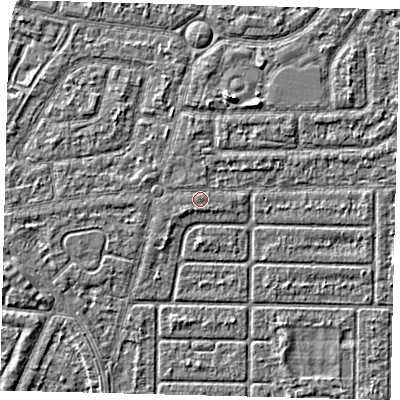 Shaded relief map of the ground around HU94HA, computed from Environment Agency LiDAR. The ground here sits at about 3 m above sea level and falls 5 m across the surrounding 800 m. Surface water reaching this point runs off ground lying to the south-west, 0.6 m higher.