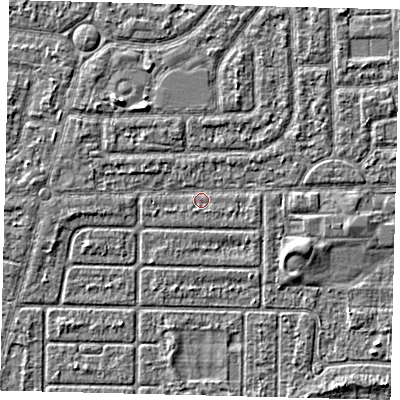 Shaded relief map of the ground around HU94HB, computed from Environment Agency LiDAR. The ground here sits at about 2 m above sea level and falls 2 m across the surrounding 800 m. Surface water reaching this point runs off ground lying to the east-south-east, 1.8 m higher.
