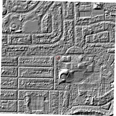 Shaded relief map of the ground around HU94HD, computed from Environment Agency LiDAR. The ground here sits at about 2 m above sea level and falls 2 m across the surrounding 800 m. Surface water reaching this point runs off ground lying to the south-south-east, 1.8 m higher.