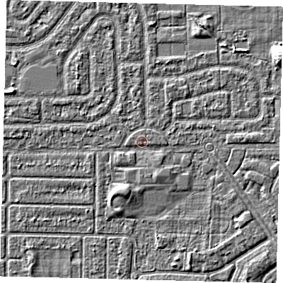 Shaded relief map of the ground around HU94HG, computed from Environment Agency LiDAR. The ground here sits at about 2 m above sea level and falls 5 m across the surrounding 800 m. Surface water reaching this point runs off ground lying to the south-south-west, 1.8 m higher.