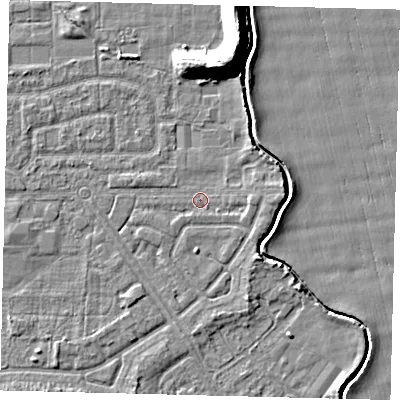 Shaded relief map of the ground around HU94HH, computed from Environment Agency LiDAR. The ground here sits at about 2 m above sea level and falls 11 m across the surrounding 800 m. Surface water reaching this point runs off ground lying to the east, 1.4 m higher.