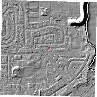 Shaded relief map of the ground around HU94HJ, computed from Environment Agency LiDAR. The ground here sits at about 2 m above sea level and falls 11 m across the surrounding 800 m. Surface water reaching this point runs off ground lying to the east, 1.9 m higher.