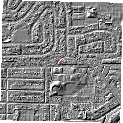 Shaded relief map of the ground around HU94HL, computed from Environment Agency LiDAR. The ground here sits at about 2 m above sea level and falls 2 m across the surrounding 800 m. Surface water reaching this point runs off ground lying to the south-south-west, 1.8 m higher.