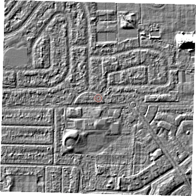 Shaded relief map of the ground around HU94HN, computed from Environment Agency LiDAR. The ground here sits at about 2 m above sea level and falls 8 m across the surrounding 800 m. The ground contributing surface water to this point lies to the south-east.