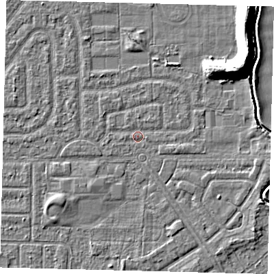 Shaded relief map of the ground around HU94HP, computed from Environment Agency LiDAR. The ground here sits at about 2 m above sea level and falls 11 m across the surrounding 800 m. Surface water reaching this point runs off ground lying to the east, 1.8 m higher.