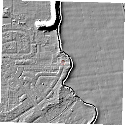 Shaded relief map of the ground around HU94HQ, computed from Environment Agency LiDAR. The ground here sits at about 3 m above sea level and falls 11 m across the surrounding 800 m. Surface water reaching this point runs off ground lying to the north-east, 1.2 m higher.