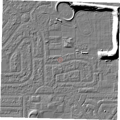 Shaded relief map of the ground around HU94HS, computed from Environment Agency LiDAR. The ground here sits at about 2 m above sea level and falls 11 m across the surrounding 800 m. Surface water reaching this point runs off ground lying to the east, 10.9 m higher.