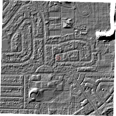 Shaded relief map of the ground around HU94HT, computed from Environment Agency LiDAR. The ground here sits at about 2 m above sea level and falls 11 m across the surrounding 800 m. Surface water reaching this point runs off ground lying to the north-west, 0.8 m higher.