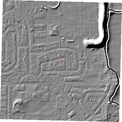 Shaded relief map of the ground around HU94HU, computed from Environment Agency LiDAR. The ground here sits at about 2 m above sea level and falls 11 m across the surrounding 800 m. Surface water reaching this point runs off ground lying to the west, 0.7 m higher.