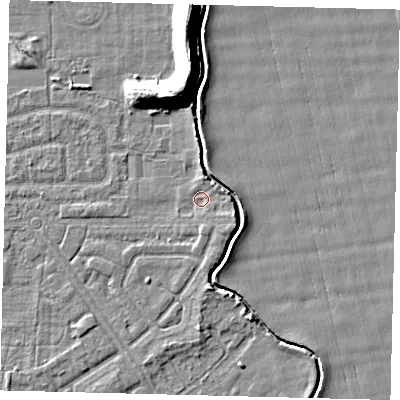 Shaded relief map of the ground around HU94HW, computed from Environment Agency LiDAR. The ground here sits at about 2 m above sea level and falls 11 m across the surrounding 800 m. Surface water reaching this point runs off ground lying to the east, 1.6 m higher.