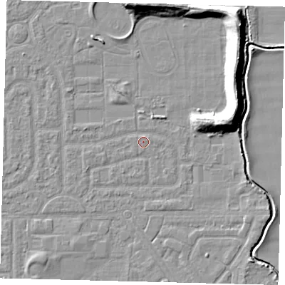 Shaded relief map of the ground around HU94HY, computed from Environment Agency LiDAR. The ground here sits at about 2 m above sea level and falls 11 m across the surrounding 800 m. Surface water reaching this point runs off ground lying to the east-north-east, 10.7 m higher.